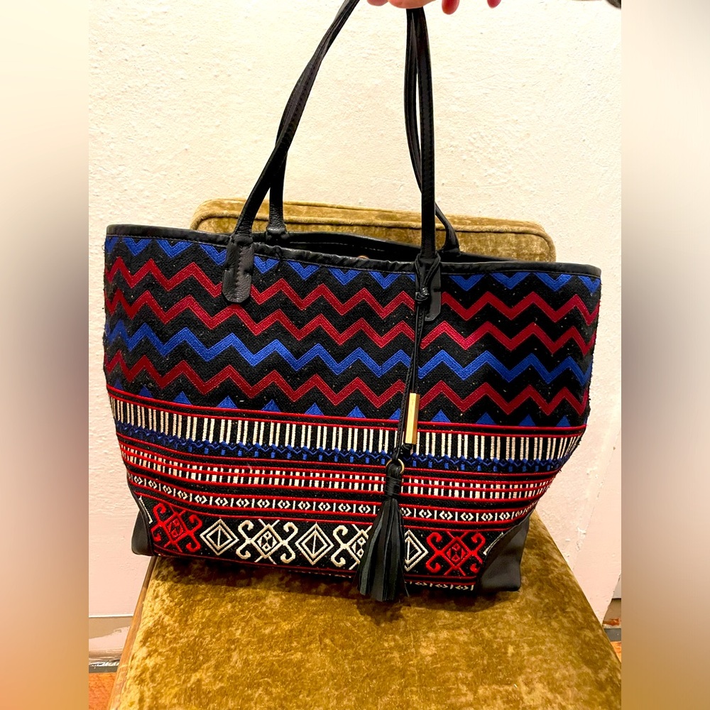 Joie tweed embroidered tote bag with leather trim